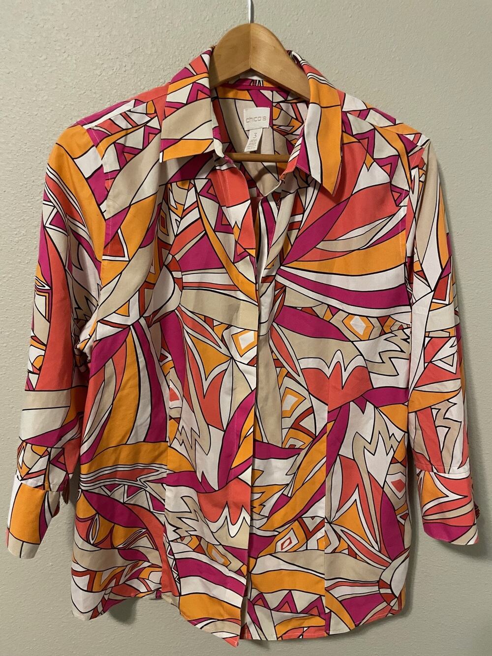 Chicos Button Up Shirt No Iron Womens 3 US XL Multicolor Geometric Artsy Boho